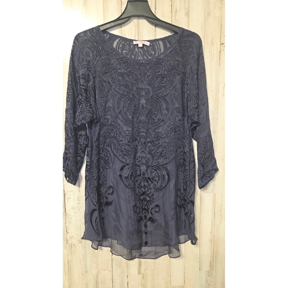CALYPSO size S Silk Burn-out Velvet Tunic Sheer Top Long sleeve